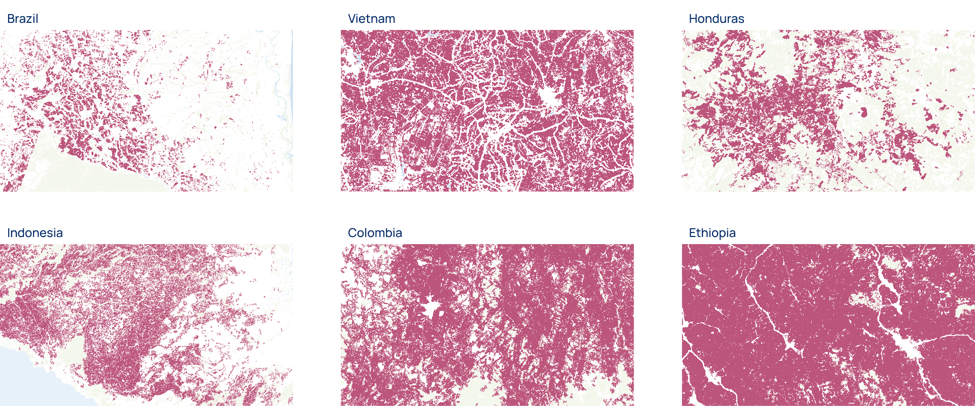 Coffee plantations mapped by Satelligence for the 6 largest coffee producing countries