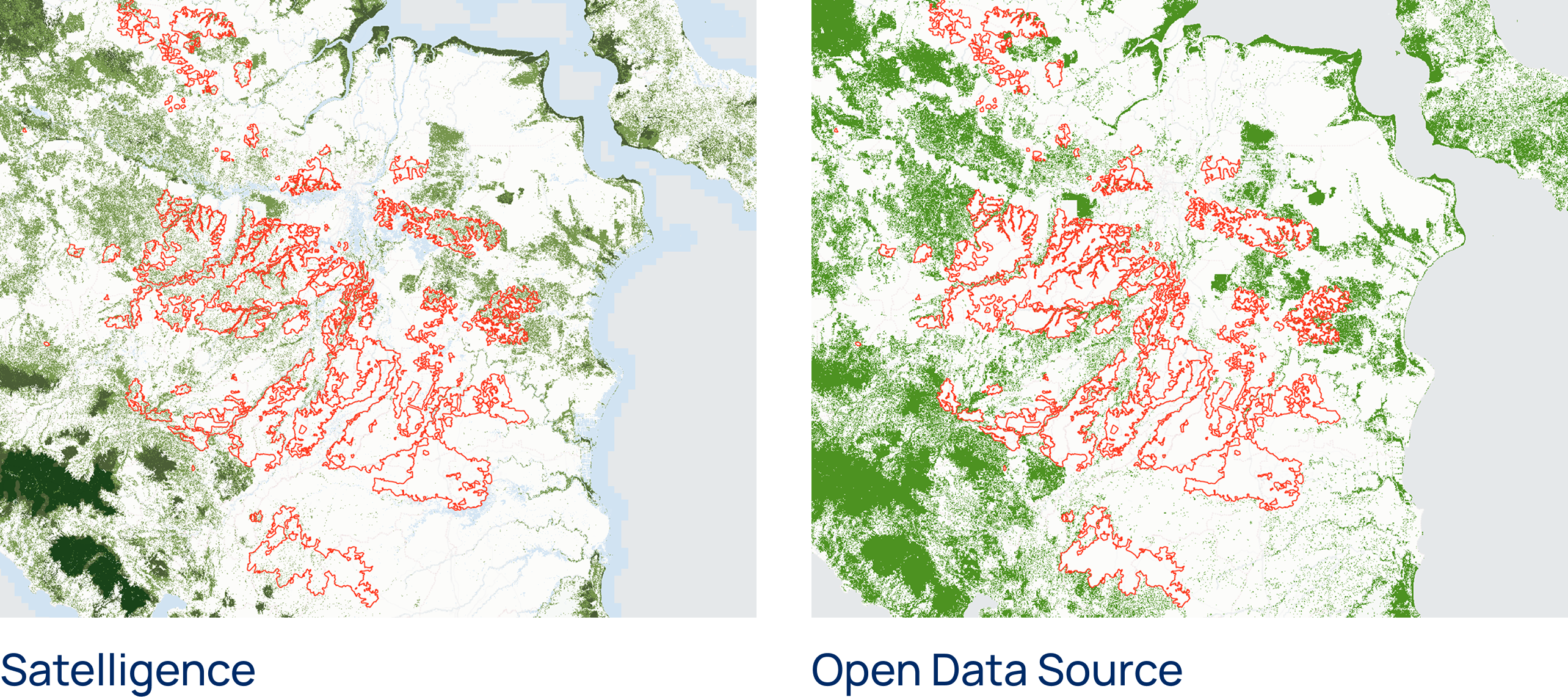 Map comparison of Satelligence forest baseline vs. Open data source, South Sumatra