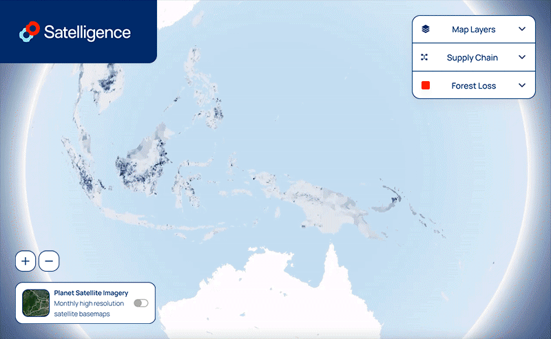 Satelligence Globe Zoom Satellite view showing zoom in over globe highlighting deforestation